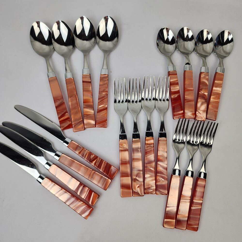 Inox 18/10 Italy Orange Swirl Acrylic Handle Modern Sleek Flatware 19pc